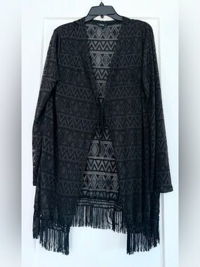 EUC Apt. 9 Black Openwork Fringe Kimono Swimsuit Cover-up, XL